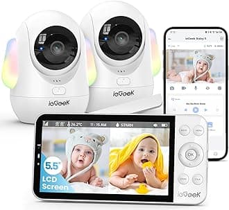 - 5.5’’ Split-Screen Baby Monitor,2.5K UHD Baby Monitor with 2 Cameras and Audio,Night Light,Prone Sleeping&Cry Detection,Two-Way Talk,Night Vision,2.4G&5Ghz WiFi App Control,4000mAh Battery