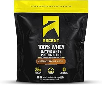 Ascent 100% Whey Protein Powder - Post Workout Whey Protein Isolate, Zero Artificial Flavors & Sweeteners, Gluten Free, 5.5g BCAA, 2.6g Leucine, Essential Amino Acids, Chocolate Peanut Butter 4 lb