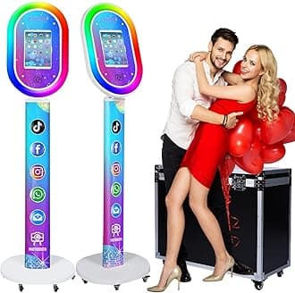 Photo Booth for iPad 10.2'' 10.5'' 10.9" 11" 12.9" 13" Shell Stand Selfie Station Customized Logo Photobooth Machine with Beauty RGB Ring Light and Flight Case for Events Wedding Parties