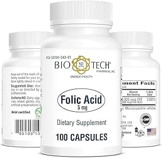Bio-Tech Pharmacal Folic Acid (5 mg), 100 Capsules – All-Natural Supplement – Supports Cardiovascular, Nervous System, & Prenatal Health – No Dairy, Fish, Gluten, Peanut, Shellfish, GMOs, Halal, & Soy