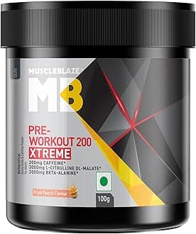 MuscleBlaze Pre Workout (Fruit Punch, Pack of 100 g powder, 15 Servings) 200 Xtreme, 200mg Caffeine, 200mg Theanine, 2000mg Beta Alanine, 3000mg Citrulline