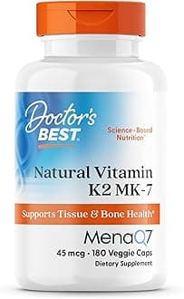 Doctor's Best Natural Vitamin K2 MK7 Supplement for Men & Women - Bone Health Support, 45 mcg Vitamin K-2 MK-7 Capsules with MenaQ7, Calcium Support, Non GMO, Vegan - 180 Veg Caps
