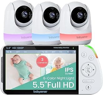 Babysense5.5" Full-HD Split-Screen Baby Monitor, 1080p Video Baby Monitor with Camera and Audio, 3 Cameras with 6-Color RGB Night Light, 1000ft Range, Two-Way Audio, 4X Zoom, Large Battery