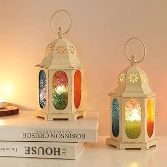 DECORKEY Ramadan Decorations, 2 PCs Vintage Moroccan Style Lanterns, 8''H Indoor & Outdoor Metal Hanging & Tabletop Decor, Candle Holders for Patio