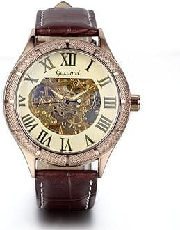 Classic Skeleton Mechanical Movement Wristwatch Brown Leather Business Men's Watch