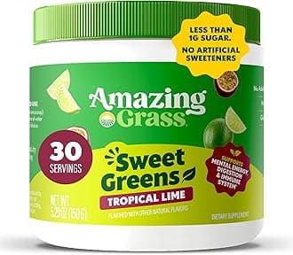 Sweet Greens and Superfoods Powder for Digestive Health, Greens Powder, Digestive Enzymes, Probiotics, Spirulina, Chlorella, Tropical Lime, 30 Servings