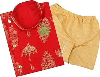 superminis Boy's Golden Foil Printed Side Open Cotton Kurta, Round Collar, Full Sleeves With Cream Color Dhoti, Kurta Set