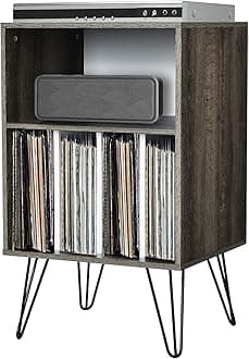Tangkula Record Player Stand, Turntable Stand with Metal Legs, Vinyl Record Storage Cabinet w/ 5 Open Shelves Holds up to 150 Albums for Living Room Bedroom, Vintage End Table, 21 x 18 x34 in (Grey)