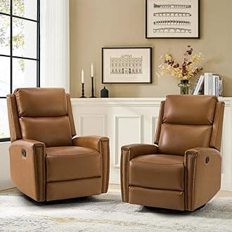 Genuine Leather Swivel Rocker Recliners Set of 2, Manual Glider Recliner Chairs with Adjustable Backrest & Footrest, Camel