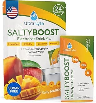 Ultra Lyte Electrolytes Drink Mix - Sugar-Free Salty Mango Powder - Sachets with High Sodium, Trace Minerals, and Coconut Water - Hydration for Sports, Recovery, and Wellness (24 Sachets)