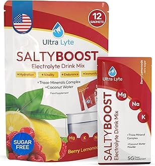 Electrolytes Drink Mix - Sugar-Free Salty Berry Lemonade Powder - 12 Sachets with High Sodium, Trace Minerals, and Coconut Water - Hydration for Workouts, Replenishment, and Wellness