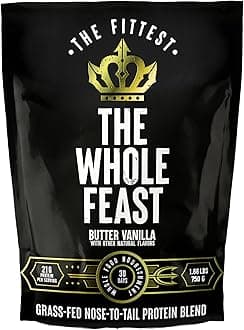 The Fittest Whole Feast Beef Protein Powder - Butter Vanilla - Grass Fed Nose to Tail Carnivore Blend Including Liver, Colostrum and Whole Bone - BCAAs - 14g Collagen - 21g Total Protein