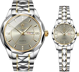 Couple Watches Gift Set: His and Her Rhombus Quartz Analog Stainless Steel Luminous Hands Date 3 ATM Waterproof Business Casual Men Women Watch Sets