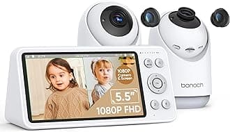 bonoch Baby Monitor with 2 Cameras - 1800ft Ultra Long Range Split Screen Dual Baby Monitor No WiFi with Camera and Audio, 7800 mAh, Auto Night Vision, 110° Wide-Angle, Recording & Playback, VOX