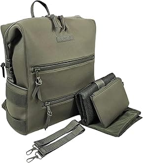 BUNSO Baby Neoprene Diaper Bag, Minimalist Backpack Diaper Bag with Pouch, Changing Pad, and Stroller Straps, Water Resistant and Lightweight Dad Diaper Bag, Diaper Bag Backpack - Olive