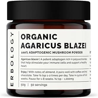 Erbology Organic Agaricus Blazei Mushroom Powder 50 Servings - 25% Beta-glucans - Immunity and Heart - Small Batch - Sustainably Grown in Europe - Vegan - Non-GMO - No Added Fillers