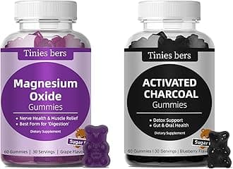 Tinies bers Activated Charcoal Gummies 400mg, Magnesium Oxide Gummies 500mg Sugar Free for Adults & Kids, Quicker to Cleanse, Detox, Gas Relief, Gut & Oral Health, Best Mg Form for ‘Digestion’