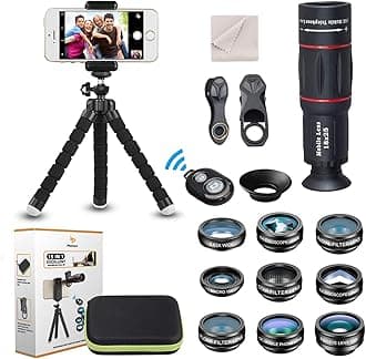 15 in 1 Universal Phone Camera Lens Kit 18X Telephoto lens Wide Angle lens,Macro Lens, Fisheye lens,Kaleidoscope 3/6 lens, CPL/Flow/Star/Radial Filter, Tripod, Remote Shutter for most of Smartphone