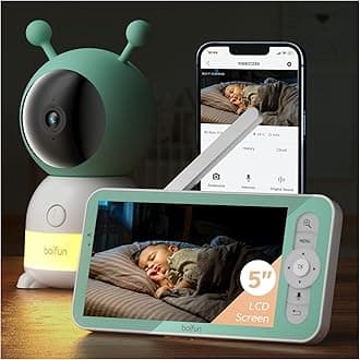 Boifun 2K 2.4GHz WiFi Baby Monitor, Phone App & 5'' Screen Control, Smart Night Light, Night Vision, Cry Motion Sound Detect, 360° Camera, Smartphone, PTZ, Auto-tracking, Humidity Temperature, 4X Zoom