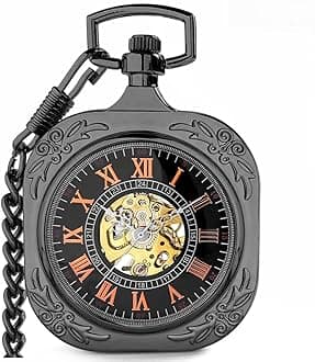 VIGOROSO Mens Classic Steampunk Pocket Watch with Chain Skeleton Hand Wind Mechanical Pocket Watches for Men & Women