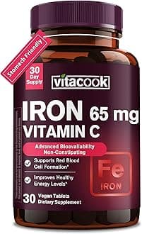 Iron Supplement for Women Men, High Potency Iron 65mg with Vitamin C 250mg, Stomach Friendly Iron Pills for Red Blood Cell & Immune Support, Vegan, Non-GMO & Gluten Free, 30 Tablets