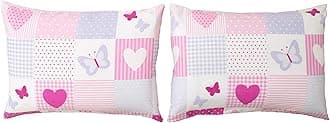 Bloomsbury Mill - Kids Pillow Cases 2 Pack - Hearts and Butterflies Patchwork - Pink Pillow Covers for Girls Duvet Cover Sets or Kids Travel Pillow - Pair of Childrens Pillowcases (Extra) - 50x75cm