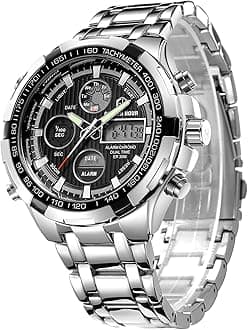 GOLDEN HOUR Men's Luxury Stainless Steel Quartz Digital Watch Outdoor Sports Men's Waterproof Large Heavy Duty Watch