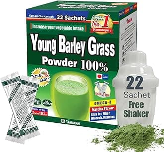 YAMAKAN Barley Grass Juice Powder, Young Barley Grass Powder Rich in Minerals, Vitamins & Plant-Based Protein for Women & Men, Grass Juice from Japan, Non GMO 22 Count