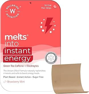 - Melts Instant Energy, 100% Plant Based Green Tea Caffeine, Essential Electrolytes and Vitamins for Endurance, Sports Hydration, Pre Workout Energy Boost, 30 Oral Strips