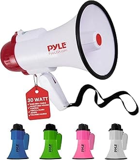 《PYLE メガホン 最大出力30W 拡声器》サイレン機能付き 音声録音可能 (最大10秒間) 音は最大750mまで届く 超軽量 持ち運び用ベルト付き AUX対応 電池式 赤 白 レッド ホワイト PMP35R [並行輸入品]