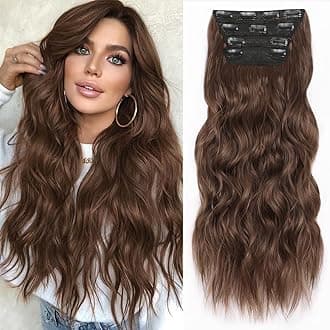 ALXNANClip in Hair Extensions for Women,Light Brown Long Wavy Hair Extensions Clip Ins 4PCS 24 Inch Synthetic Soft and Natural Thick Hair Pieces for Women