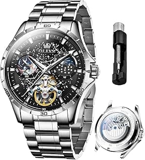 OLEVS Mens Automatic Watches Self Winding Mechanical Dress Wrist Watch Multifunction Calendar Hidden Button Sun Moon Display Waterproof Luminous