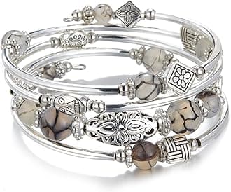 Layered Wrap Bangle Turquoise Bracelet - Bead Bracelet with Natural Agate Stone, Gifts For Women