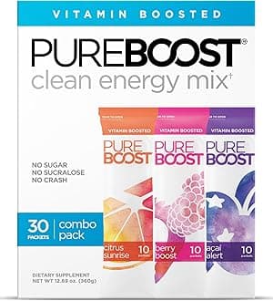 Pureboost Sugar-Free Clean Energy Booster, Refreshing Energy Drink Mix with B12 Vitamins, Electrolytes, Antioxidants, No Sucralose (Combo Pack, 30 Count)