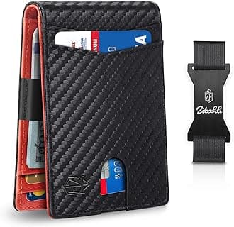ZitahliSlim Money Clip Wallets for Men, Minimalist Leather Bifold RFID Blocking Mens Front Pocket Wallet with 12 Card Slots Gift Box, Carbon Black&Red 2, Medium, Minimalist