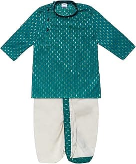 superminis Boy's Cotton Kurta with Dhoti - Golden Thread Work, Round Collar, Full Sleeves, Side Button Kurta Set for Ethnic Wear