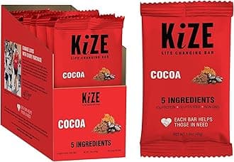 KiZE Energy Bars - Cocoa - 20-Count - Gluten Free, Non-GMO, and High Protein Meal Replacement Energy Bars, Clean and Simple Food Ingredients - 10g High Protein Snacks (20 Count)