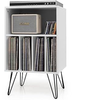 Tangkula Record Player Stand, Turntable Stand with Metal Legs, Vinyl Record Storage Cabinet w/ 5 Open Shelves Holds up to 150 Albums for Living Room Bedroom, Vintage End Table, 21 x 18 x34 In (White)