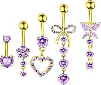 BSJ4U Belly Button Ring Dangle Navel Belly Piercing Jewelry Cute Pink CZ Heart Butterfly Bow Flower Navel Belly Rings for Women 14G Silver Stainless Steel Dainty Dangly Dangling Belly Button Piercing