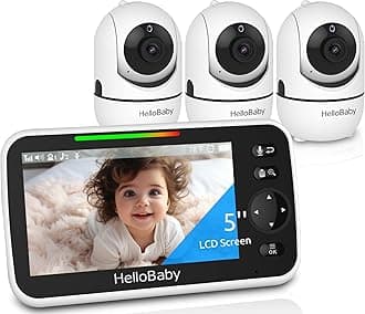 HB6550 5" Baby Monitor 3 Cameras, 26-Hour Battery, Pan-Tilt-Zoom,1000ft Range Video Audio Baby Monitor No WiFi, ECO, Night Vision, 2-Way Talk, 8 Lullabies and Temperature, Ideal Gifts