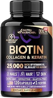 Biotin | Collagen | Hyaluronic Acid | Keratin - Support Normal Hair Growth Cycle - Skin & Nails - 25000mcg Vitamins B1, B2, B3, B6 & B7 - for Women & Men - Made in USA | 120 Capsules