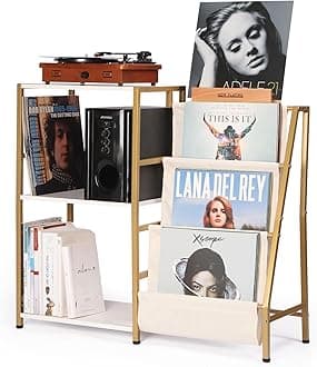 Stand for Record Player, 3 Tier Vinyl Record Storage with Now Playing Holder, Turntable Stand, Vinyl Display with Speaker Storage for Living Room, Gold White