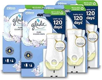 Plug in Air Freshener Holder and Refill, Electric Scented Oil Room Air Freshener, Clean Linen, Pack of 4 Starter Kits, (4 x Holder and 4 x 20 ml Refill)