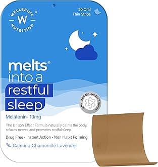 Wellbeing Nutrition Melts Restful Sleep Aid | Plant-Based Melatonin 10mg for Better Sleep with Chamomile, Tagara, L-Theanine | Non-Addictive Sleep-Aid, Safe, Natural, 30 Oral Strips