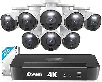 Swann Home Security Camera System with 2TB HDD, 8 Channel 8 Cam, POE Cat5e NVR 4K HD Video, Indoor or Outdoor Wired Surveillance CCTV, Color Night Vision, Heat Motion Detection, LED Light, 876808