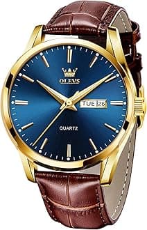 OLEVS Watches for Men Brown Leather Gold Case Analog Quartz Fashion Business Dress Watch Day Date Luminous Waterproof Casual Male Wrist Watches