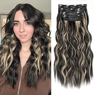 ALXNAN Clip in Hair Extensions for Women, Black Mix Blonde Long Wavy Hair Extensions Clip Ins 4PCS 16 Inch Synthetic Soft and Natural Thick Hair Pieces for Women