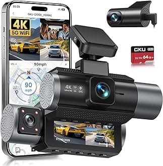 GKU 4K 3 Channel Dash Cam, 5.8GHz WiFi Built-in GPS, 4K+1080P+1080P Dash Cam Front and Rear Inside, 64GB Card Inserted, 24H Park Mode, Triple Car Camera 3 Inch Screen