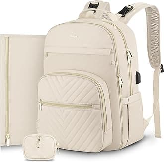 MOMUVO Diaper Bag Backpack, Quilted Baby Bag with Changing Pad & Stroller Straps & Pacifier Case, Multifunction Waterproof Travel Diaper Bags, Unisex, Beige