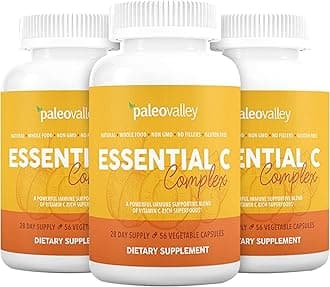 PaleovalleyEssential C Complex - Vitamin C Supplement for Immune Support - 3 Pack, 450mg - From Organic Superfoods Unripe Acerola Cherry, Camu Camu, Amla Berry - No Synthetic Ascorbic Acid - USA Made